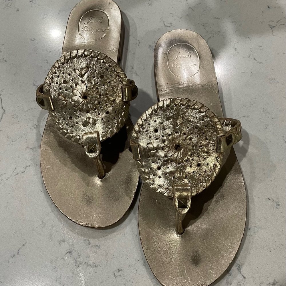 Jack Rogers Georgica Studded Leather Whipstitched Slip On Sandals in Platinum